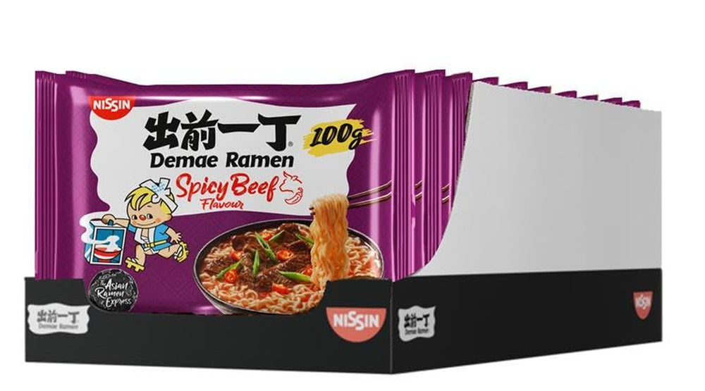Nissin Demae Ramen - pikantna wołowina 10 opakowań makaronu błyskawicznego po japońsku o smaku wołowiny i przypraw azjatyckich Szybkie i łatwe w przygotowaniu jedzenie azjatyckie (10 x 100g)