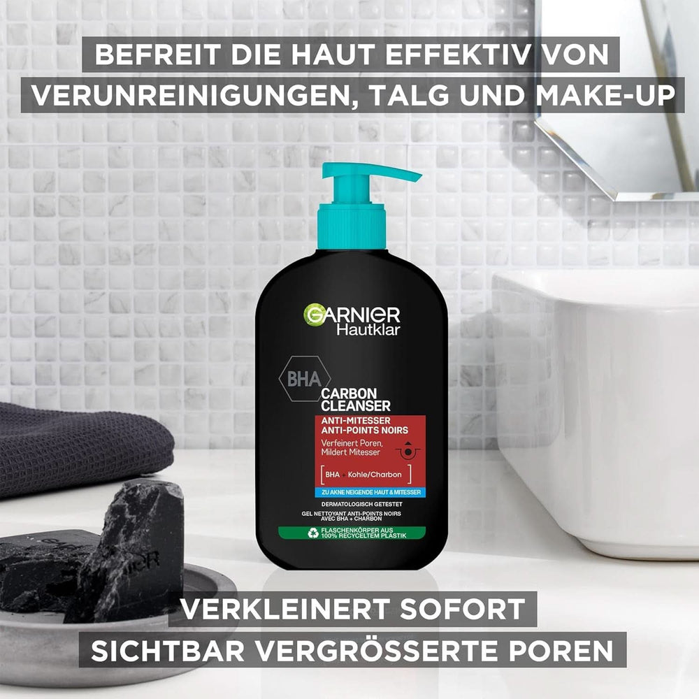 Garnier, Cleanser cu cărbune, gel de curățare facială împotriva punctelor negre și a coșurilor, 250 ml Duș și baie Naty Shop
