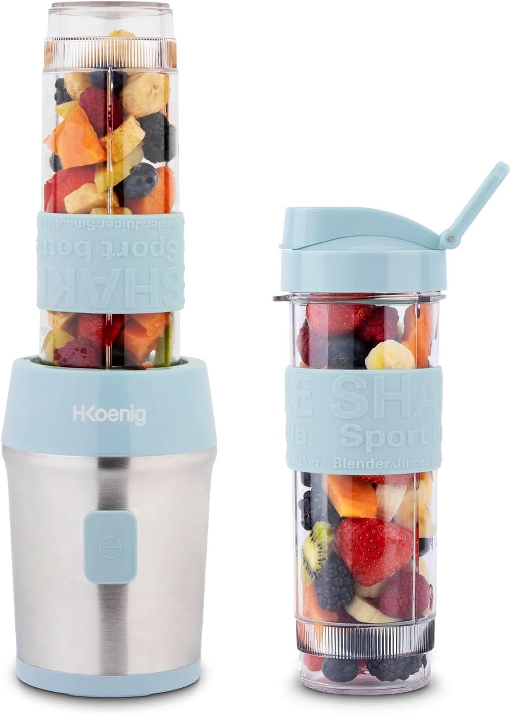 H.Koenig Smoothie Maker SMOO9 - Mini mikser stojący - Mini blender - 300 Watt - 570 ml - Edelstahl - 2 Kunststoffflaschen - Bpa-Frei, Grau Kitchen Naty Shop Pastelblau