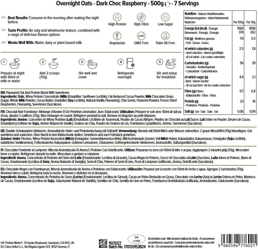 Nocna Owsianka z Białkiem | Ciemna czekolada i malina | Śniadanie wysokobiałkowe | Przekąska o niskiej zawartości cukru | Płatki owsiane o niskim IG | 500g