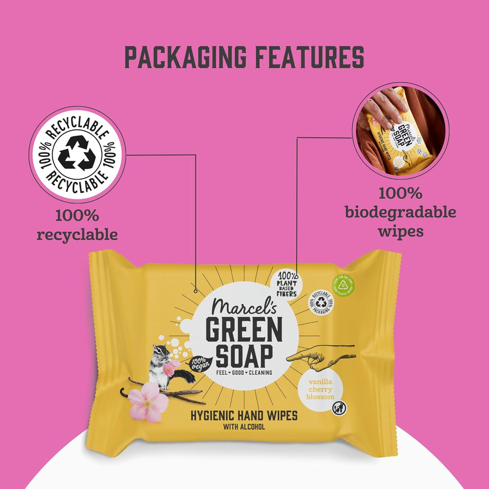 Chusteczki nawilżane do rąk Marcel's Green Soap, 60 szt. - Wanilia i kwiat wiśni - Na bazie roślin - Organiczne