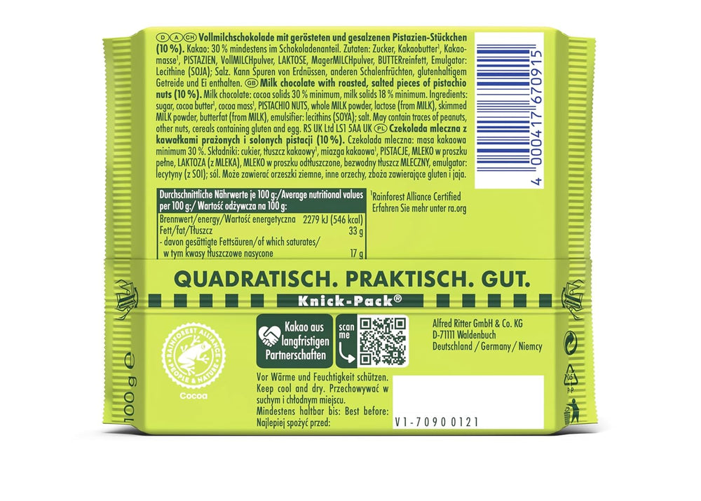 Ritter Sport Pistachio, mleczna czekolada z drobnymi kawałkami pistacji, czekoladowy klasyk, idealna na przekąskę i delektowanie się, świetny pomysł na prezent, 12 batonów x 100g