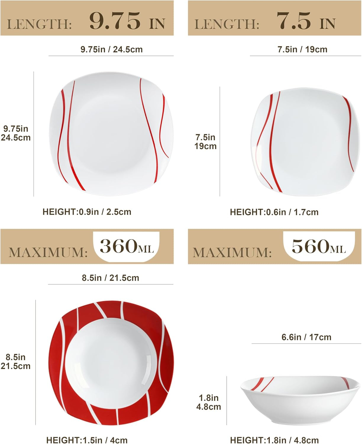 Set de veselă MALACASA pentru 6 persoane, serviciu de masă din porțelan Felisa cu 24 de piese, set de veselă modern cu 6 farfurii de cină, farfurii de desert, farfurii de sumă și boluri, perfect pentru Crăciun și pentru uz zilnic