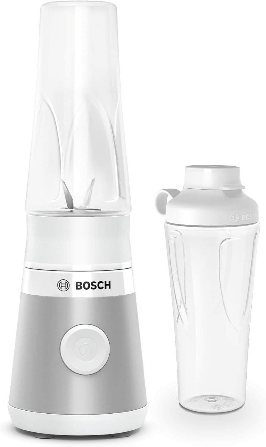 Bosch Mini-mikser stojący Vitapower Serie 2 MMB2111S, mikser wysokoobrotowy, Bis Zu 40 000 obr./min, Tritan Togo-Flasche 0,6 l, Trinkdeckel, Bruchsicher, Spülmasch.Geeignete Teile, 450W, Silber/Schwarz Kitchen Naty Shop Single Silber / Weiß