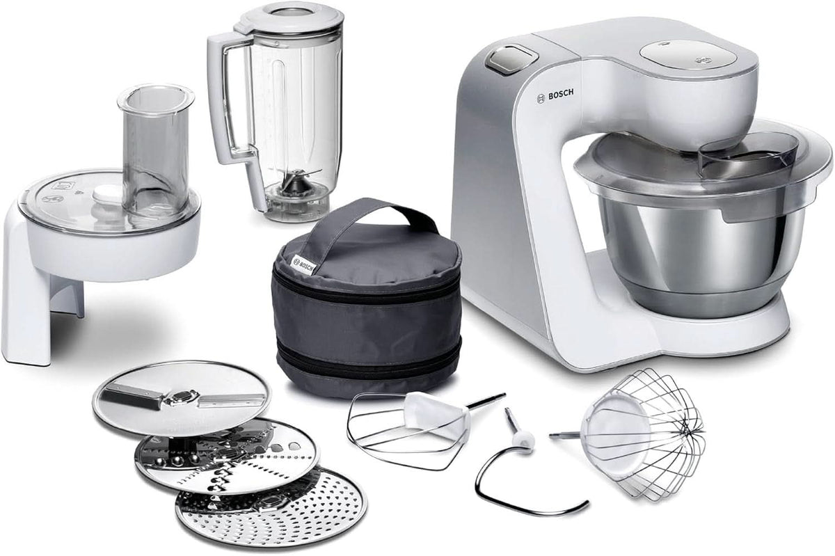 Bosch Küchenmaschine Serie 4 Mum58720,Edelstahl-Schüssel 3,9 L, Mixer 1,25 L, Planetenrührwerk,Knethaken,Schlag,Rührbesen, Durchlaufschnitzler, 3 Scheiben, 1000 W, Dunkelrot/Silber Mama si Copilul Naty Shop Weiß / Silber