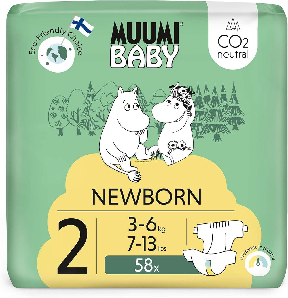 Muumi Baby Newborn Eco Nappies mărimea 1, 2-5 kg, 25 bucăți, scutece premium moi cu indicator de umezeală Mama si Copilul Naty Shop 2 (pachet de 58)