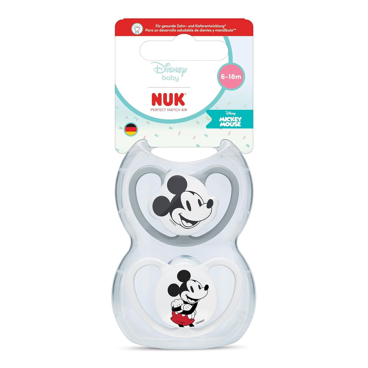 Suzete NUK Perfect Match Air pentru bebeluși | 6-18 luni | Suzete ortodontice care promovează circulația aerului și previn erupțiile cutanate cauzate de salivație | Acceptare 95% de către bebeluși** | Disney Mickey Mouse | Pachet de 2