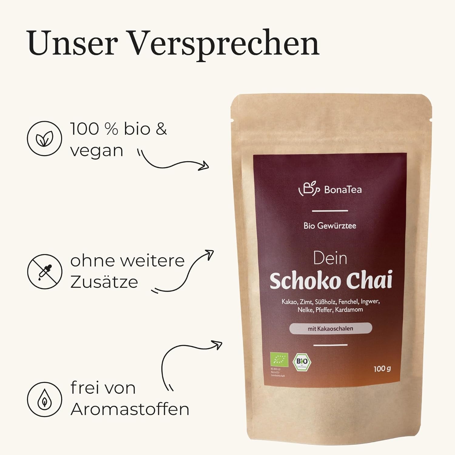 Ceai cu condimente BIO Schoko-Chai fără zahăr, cu coji de cacao, scorțișoară, lemn dulce și alte condimente aromatice Chai, 100 g