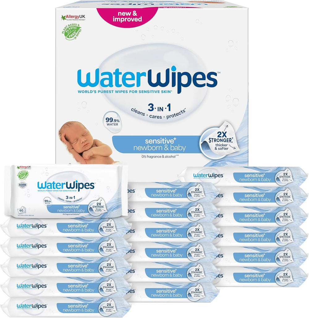 WaterWipes Sensitive+ Chusteczki nawilżane dla noworodków i niemowląt, 360 sztuk (6 szt.), 3 w 1 czyszczenie, pielęgnacja, ochrona, 99,9% wody, bez substancji zapachowych