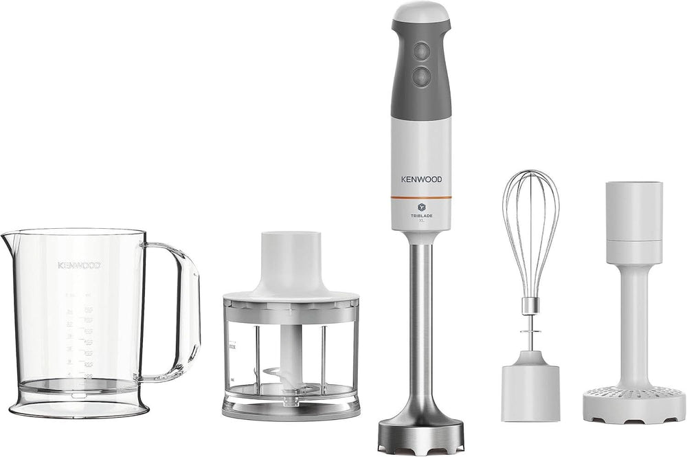 Kenwood Triblade XL Pro Stabmixer HBM80.322BK, 1200W, Zmienna prędkość, Edelstahl(Pürierfuß), Schneebesen, Emulgieraufsatz, 500Ml Zerkleiner, 700 i 250Ml Becher, Spülmaschinenfeste Teile Bucatarie Naty Shop Weiß/Grau Hbm40.306Wh