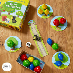 HABA First Orchard – My First Games: Gra planszowa i rodzinna o kolorach i kształtach, Klasyczna drewniana zabawka dla maluchów od 2. roku życia – 1004655001