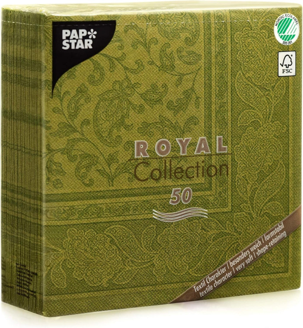 Papstar, 50 de șervețele "ROYAL Collection" 1/4 fold 40 Cm X 40 Cm verde măslin "Ornamente", #81746
