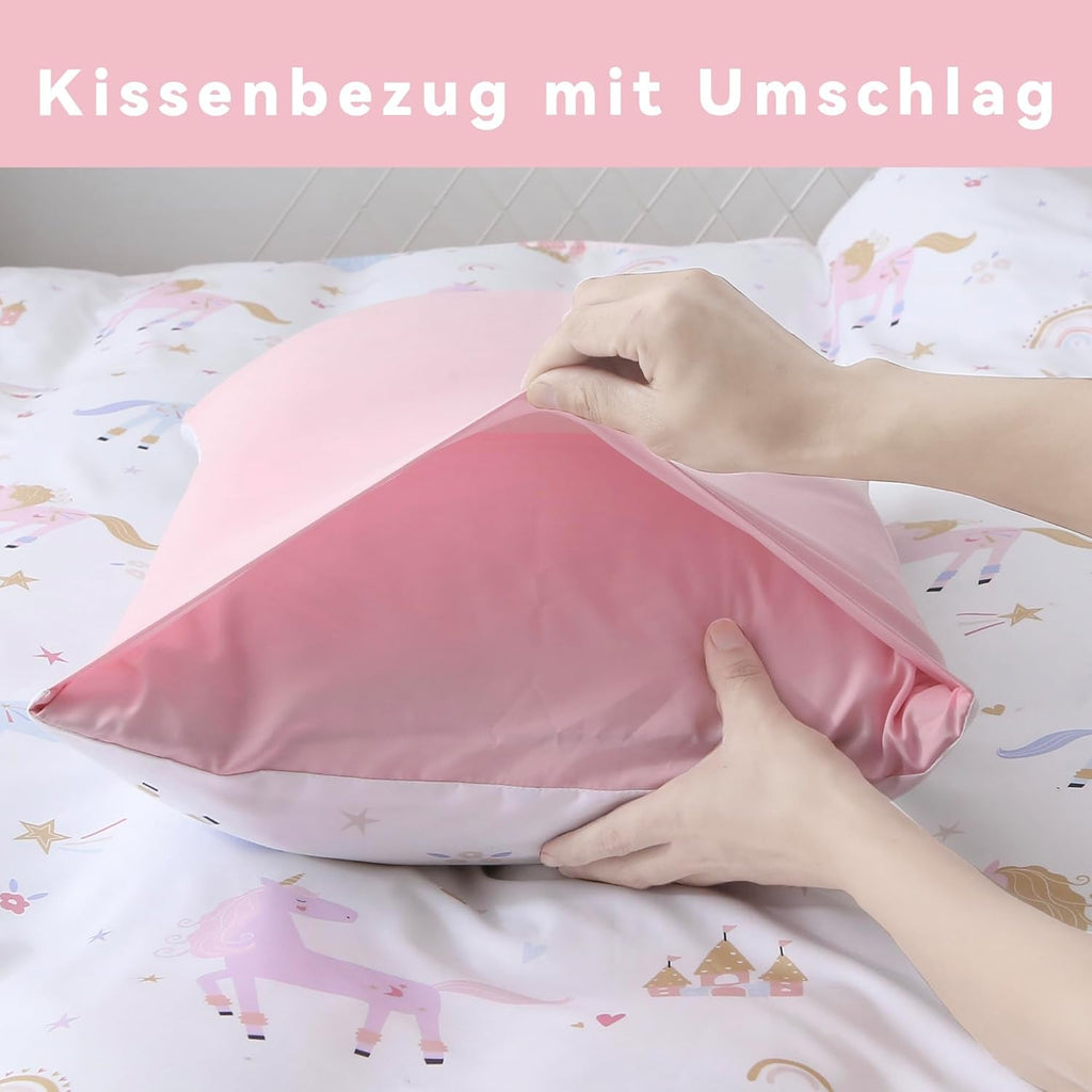 Fekohipy Bettwäsche 135X200 Mädchen Einhorn Kinderbettwäsche Rosa 3D-Druck Mikrofaser Regenbogen Kinder Bettbezug Mit Reißverschluss Und 1 Kissenbezug 80X80Cm 2-Teilige Kinderbettwäsche-Set Naty Shop
