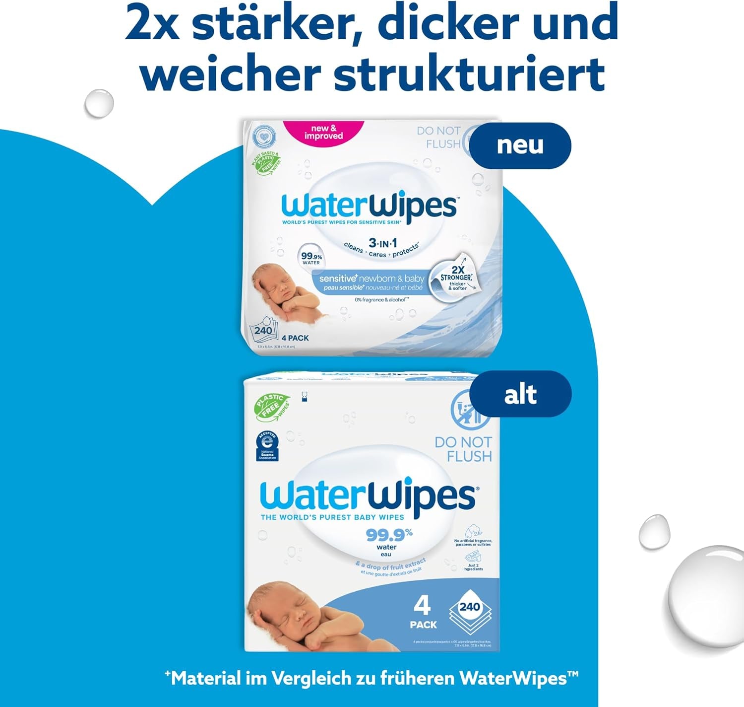 WaterWipes Sensitive+ Chusteczki nawilżane dla noworodków i dzieci, 240 szt. (4 szt.) 3 w 1 Czyszczenie, pielęgnacja, ochrona, 99,9% wody, bezzapachowy