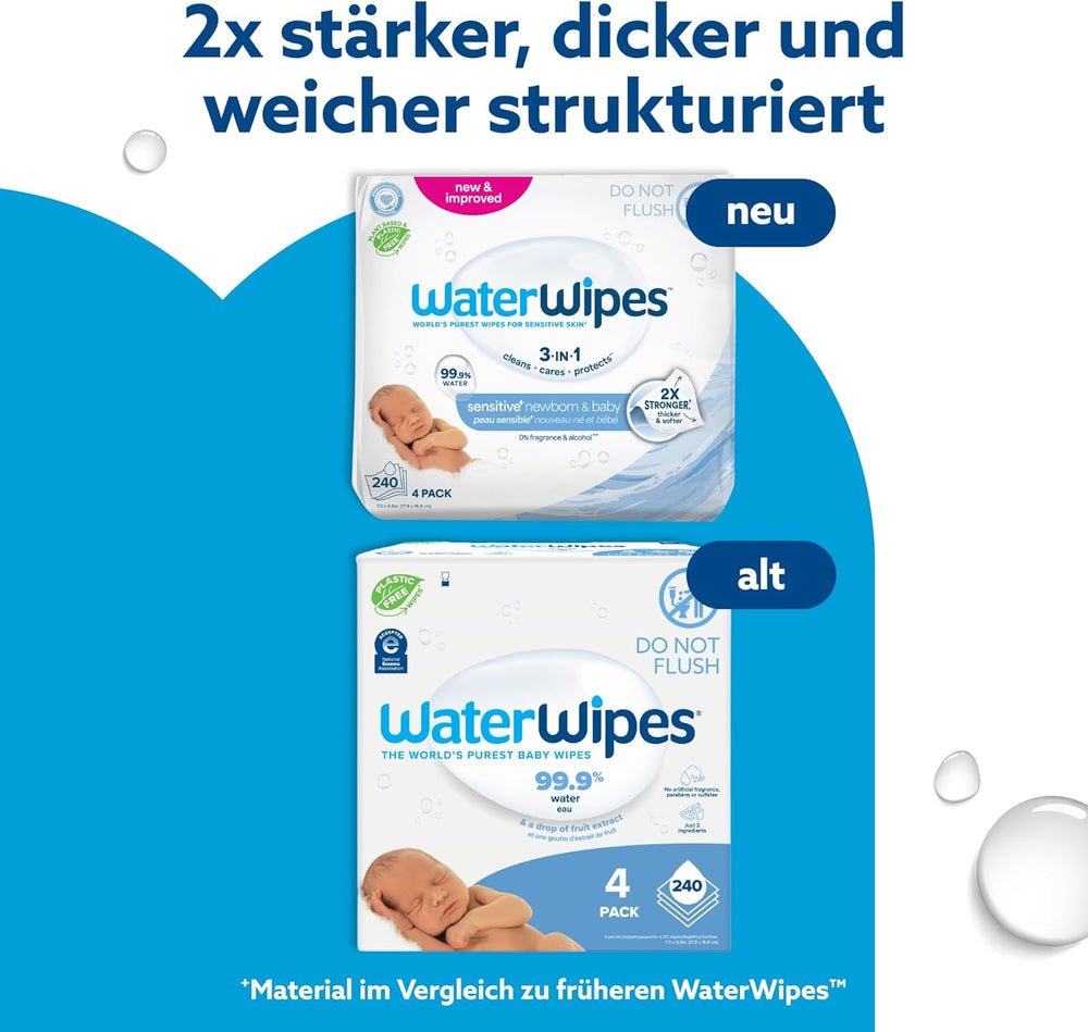 WaterWipes Sensitive+ Chusteczki nawilżane dla noworodków i dzieci, 240 szt. (4 szt.) 3 w 1 Czyszczenie, pielęgnacja, ochrona, 99,9% wody, bezzapachowy