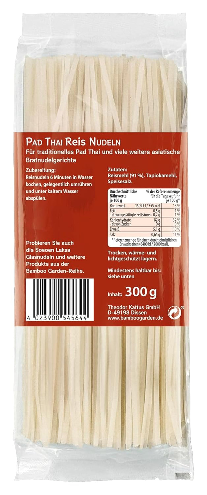 Bamboo Garden - Pałeczki z makaronem ryżowym Pad Thai, Do tradycyjnych dań z makaronem, takich jak Pad-Thai, Wegańskie, 1 x 300 g (wzór opakowania może się różnić)