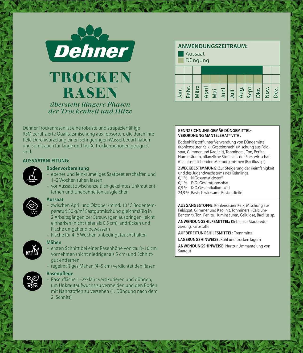 Dehner Saatgut Trockenrasen, Hochwertige Rasensamen Für Strapazierfähigen/Trockenheitsresistenten Rasen, Schnell Keimend/Pflegeleicht, Ideal Für Heiße Sommermonate, 3 Kg Für Ca. 100 M²