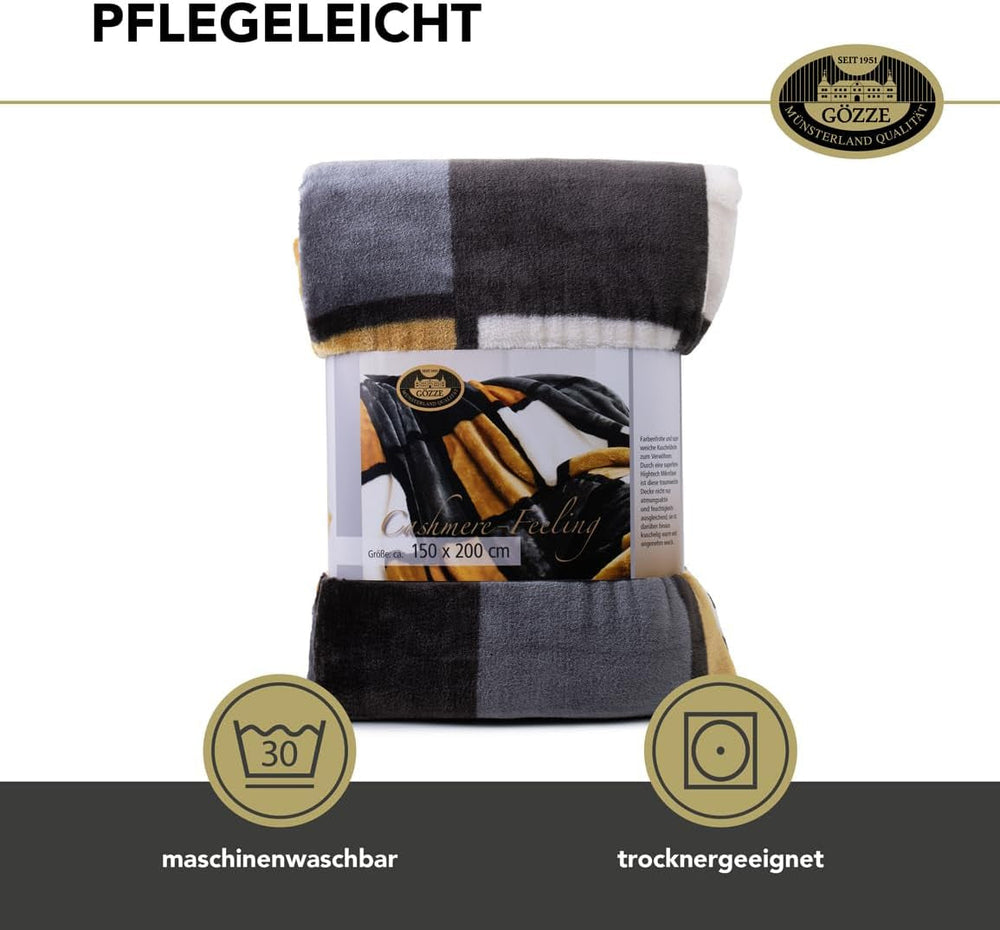 Gözze - Miękki i wygodny koc, w dotyku kaszmirowy, gruba tkanina 500 G/M², Antigua, 150 x 200 cm - Musztardowy/czarny/biały Łóżka i koce Besuche den GÃ¶zze-Store