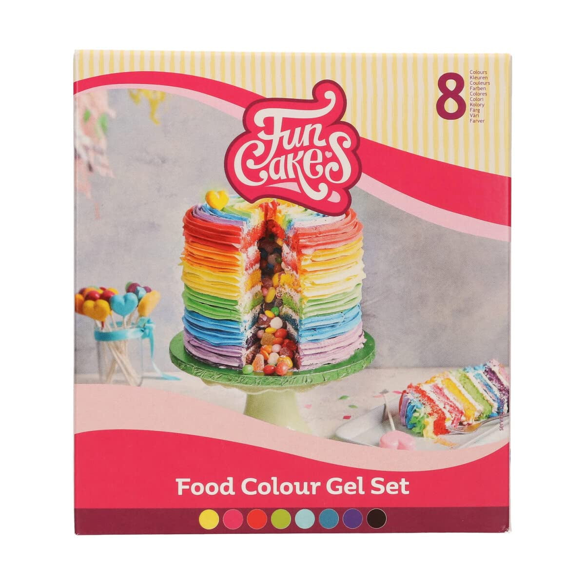 Set de 8 coloranți alimentari Funcakes cu gel: Colorant alimentar foarte concentrat pentru aluat, cremă, fondant, marțipan și aluat. 8 culori: galben, roz, roșu, verde deschis, albastru deschis, turcoaz, violet și negru. Halal.