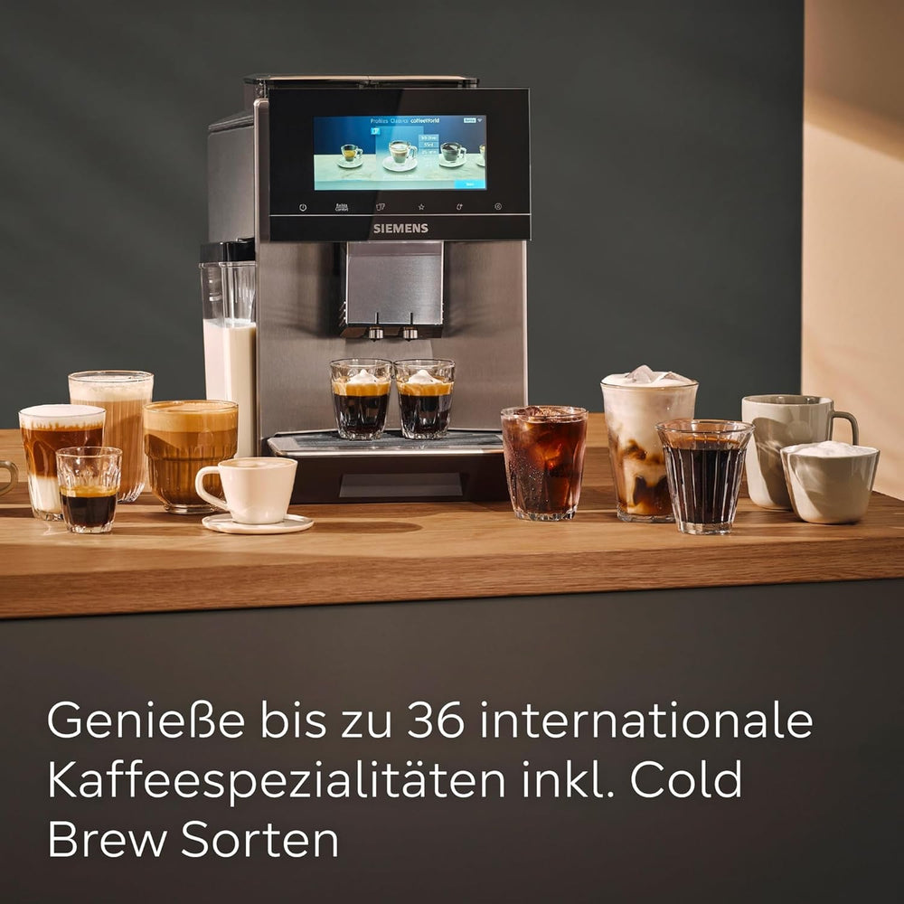 Espressor automat Siemens EQ900, ecran TFT color mare, 2 recipiente pentru boabe, 36 de băuturi calde și reci, cafea rece, super silențios, funcție pentru două cești, control prin aplicație, oțel inoxidabil, TQ907D03