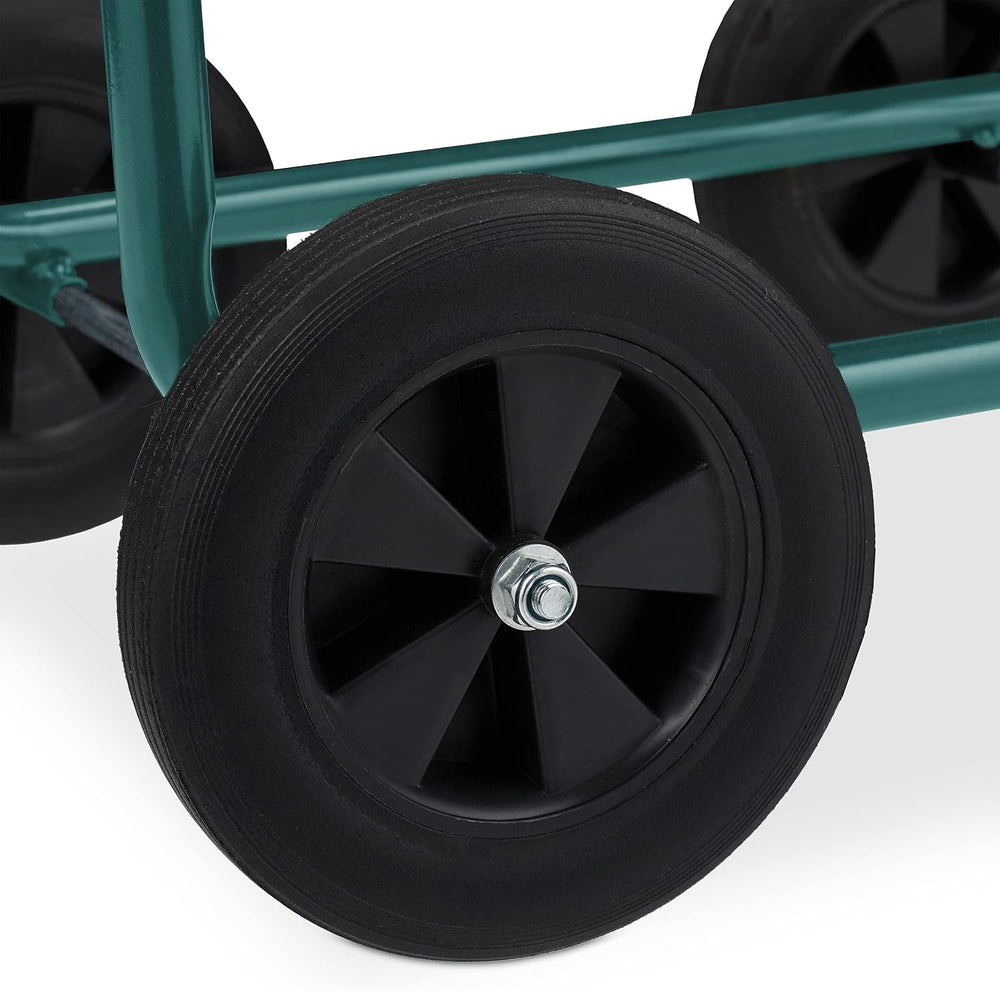 Cărucior furtun Relaxdays, până la 60 m, 4 anvelope din cauciuc solid, cuplaj clic, rolă metalică pentru furtun, distribuitor furtun, verde