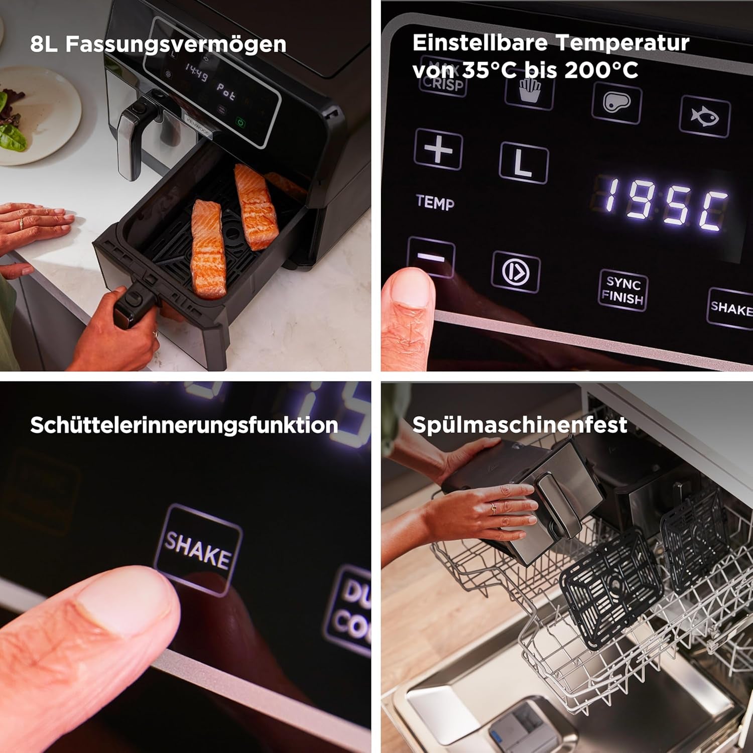 Kenwood Khealthy Twin Airfryer, 8L (2X4L), dwukomorowa, 8 programów, funkcja Dual Cook & Sync Finish, ekran dotykowy