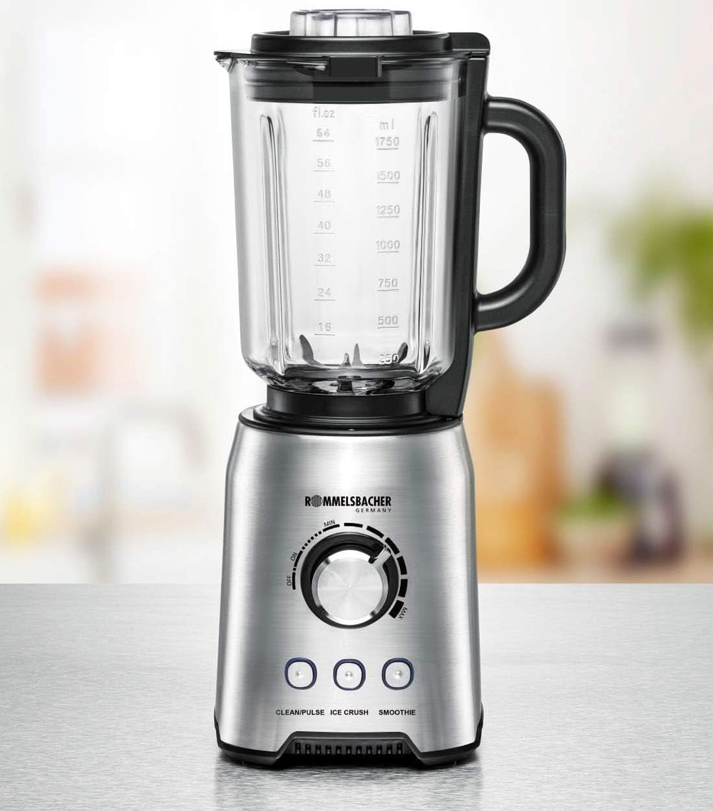 ROMMELSBACHER Mikser stojący MX 1250-22 000 U/Min, Stufenlose Drehzahlregulierung, Funktionsstasten (Smoothie, Clean/Pulse, kruszenie lodu), Glaskrug, Edelstahlgehäuse, Spezialmesser, 1200 Watt Kitchen Naty Shop