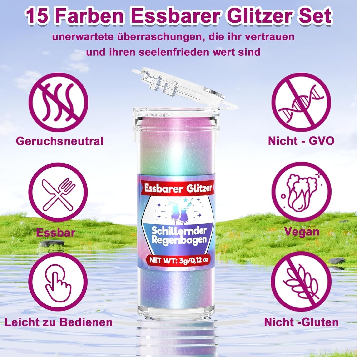 Sclipici comestibil pentru băuturi și prăjituri - 15 culori colorant alimentar pudră (3g/culoare) | Sclipici comestibil fără schimbare de aromă | Ideal pentru cocktailuri, prăjituri, deserturi și decorațiuni pentru copt