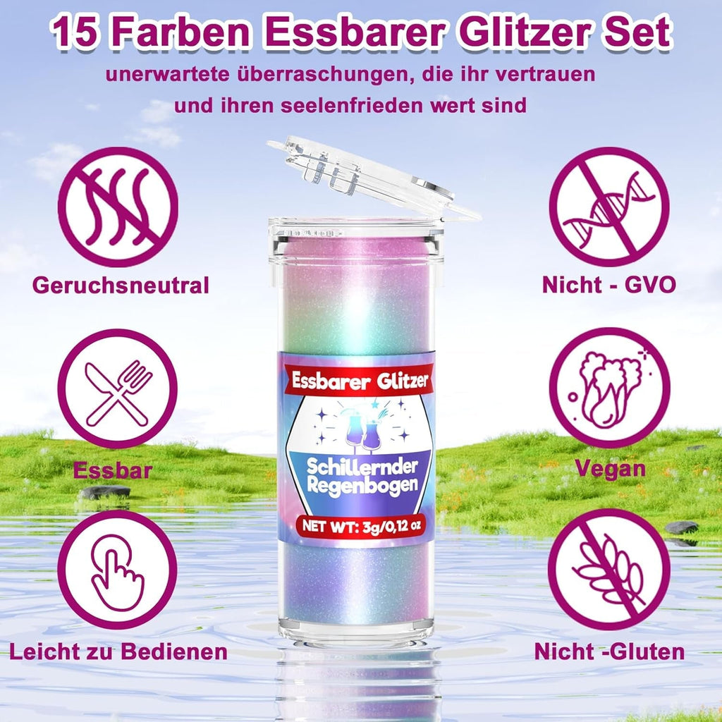 Sclipici comestibil pentru băuturi și prăjituri - 15 culori colorant alimentar pudră (3g/culoare) | Sclipici comestibil fără schimbare de aromă | Ideal pentru cocktailuri, prăjituri, deserturi și decorațiuni pentru copt