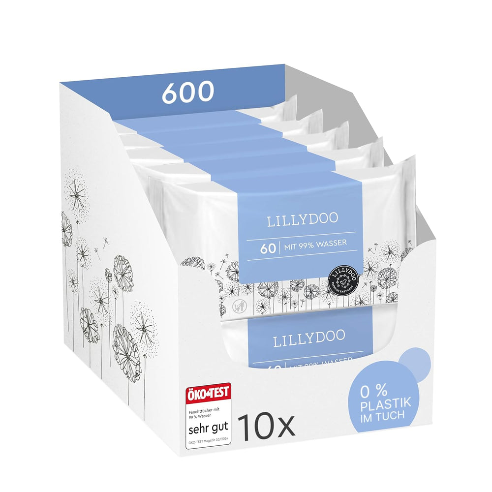 LILLYDOO Zielone chusteczki nawilżane, 600 szt. (10 x 60), odporne na rozdarcia chusteczki w 100% wolne od plastiku - bezzapachowe, delikatne i naturalne, delikatnie oczyszczają wrażliwą skórę, testowane dermatologicznie