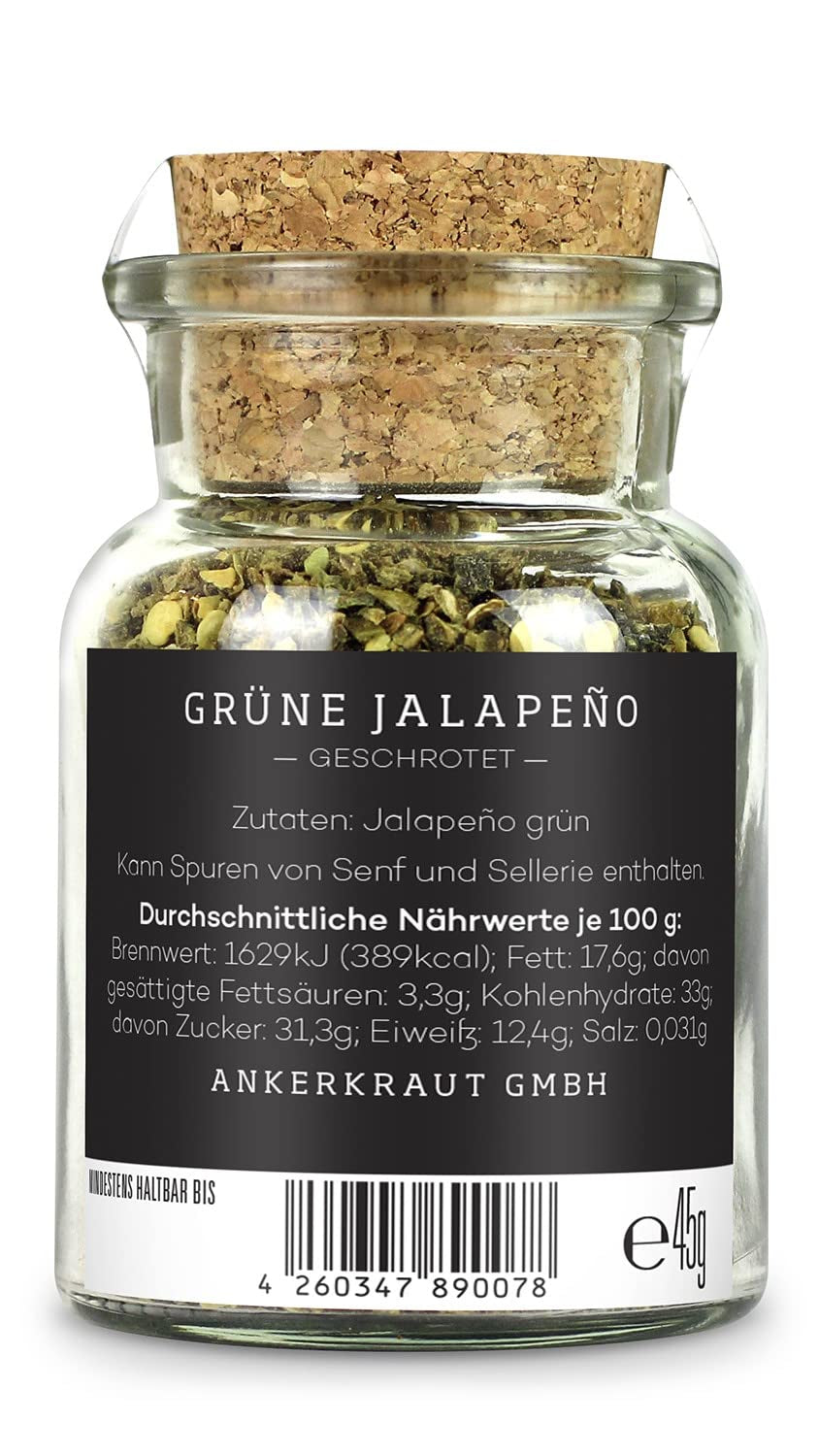 Ankerkraut Grüne Jalapeno, scharfe Chili, Chilis geschrotet, Finisher Scharf Würzen, Scharfes Essen Kochen, Highlight Chili con Carne, Fleisch, Kartoffeln, 45g w Korkenglas