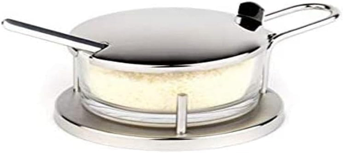 Set Parmesan APS „Classic”, Bol pentru Parmesan, Recipient pentru Parmesan cu Lingură, Sticlă Transparentă pentru Parmesan în Suport din Oțel Inoxidabil, 11 x 15 cm, Înălțime 7 cm