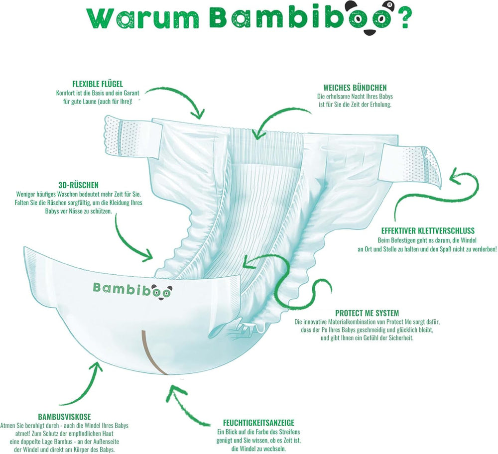 Pieluszki jednorazowe Bambiboo Mini Przyjazne dla skóry z miękkim włóknem bambusowym Otwór na pępek - Pieluszki dla noworodków - Pieluszki jednorazowe dla noworodków - Ochrona skóry - Rozmiar 2, 25 szt.