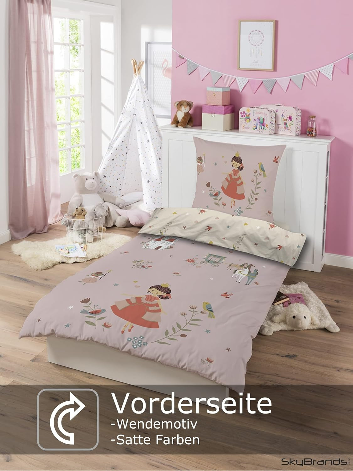 Skybrands Bettwäsche Prinzessin 135X200 [Mit Beutel] Einhorn Mädchen Bettwäsche Baumwolle 2 TLG. 1X Bettbezug 1X Kissenbezug Naty Sklep
