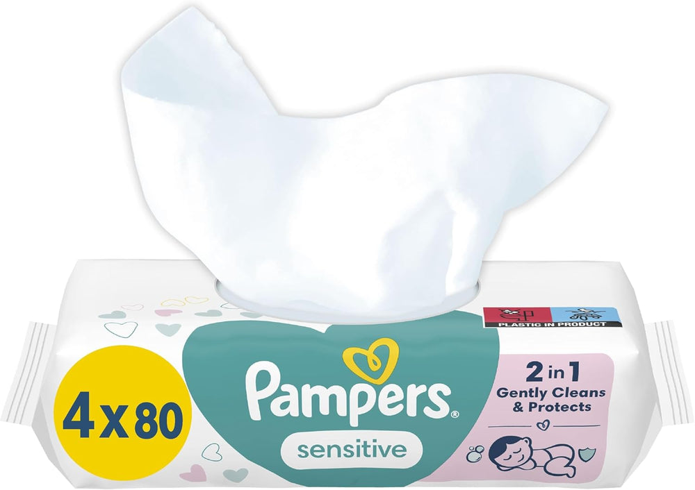 Chusteczki dla niemowląt Pampers Sensitive, 15 opakowań po 80 chusteczek, 1200 chusteczek dla niemowląt, delikatne oczyszczanie i ochrona skóry 2 w 1