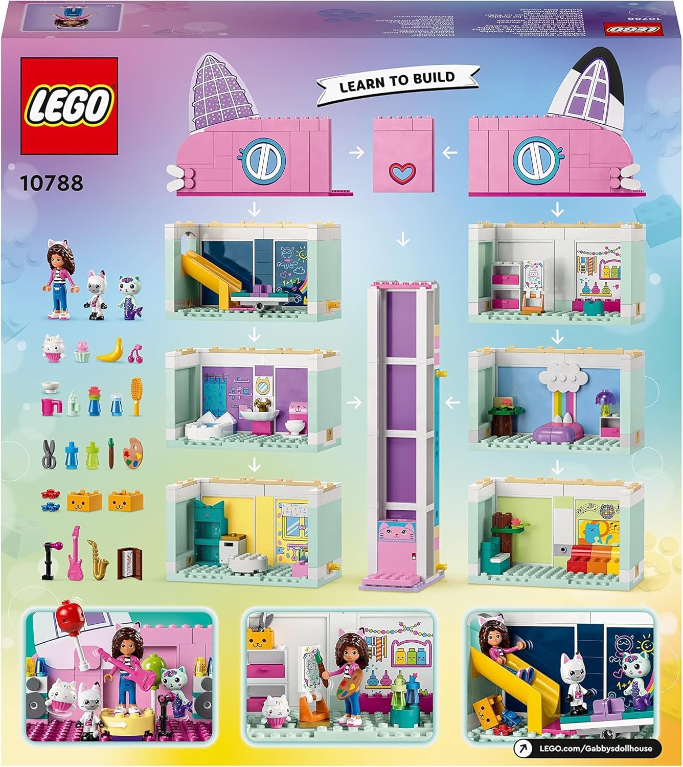 Lego 10788 Domek dla lalek Gabby, 8 pokoi i 4 piętra Domek dla lalek Gabby z figurkami Pandi, Surykatki i Kuchi oraz akcesoriami, prezent dla 4-letnich dziewcząt, chłopców i dzieci Zestawy do budowania Besuche w sklepie LEGO