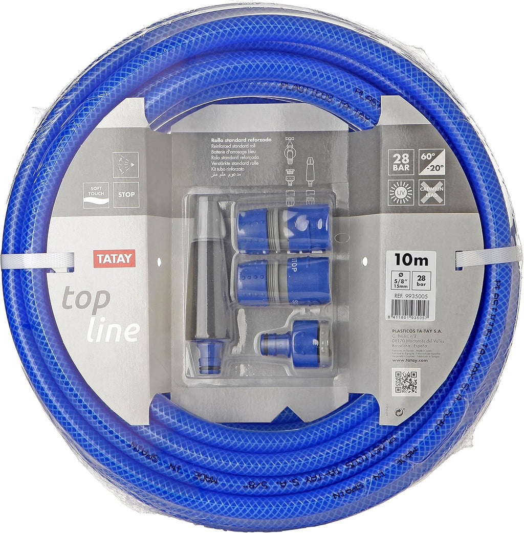 Set furtun de grădină TATAY Blue Line 10 metri Ø5/8" 15mm, 3 straturi, fabricat în Spania, rezistență 28 bar și +60°/-20°, împletit, fără cadmiu și plumb, fără BPA, anti-UV. Culoare albastru.