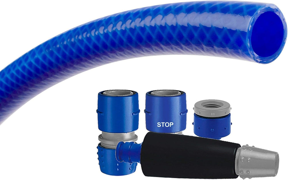 Set furtun de grădină TATAY Blue Line 10 metri Ø5/8" 15mm, 3 straturi, fabricat în Spania, rezistență 28 bar și +60°/-20°, împletit, fără cadmiu și plumb, fără BPA, anti-UV. Culoare albastru.
