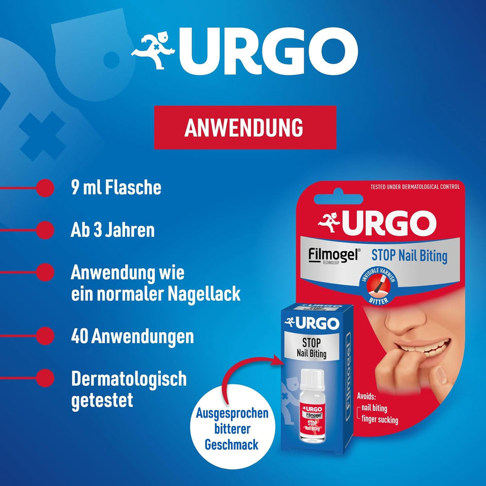 Urgo - Stop Red Nails - przezroczysty lakier do paznokci o gorzkim smaku - na obgryzione i zniszczone paznokcie oraz ssanie kciuka - od 3 roku życia - 9 ml - 40 aplikacji