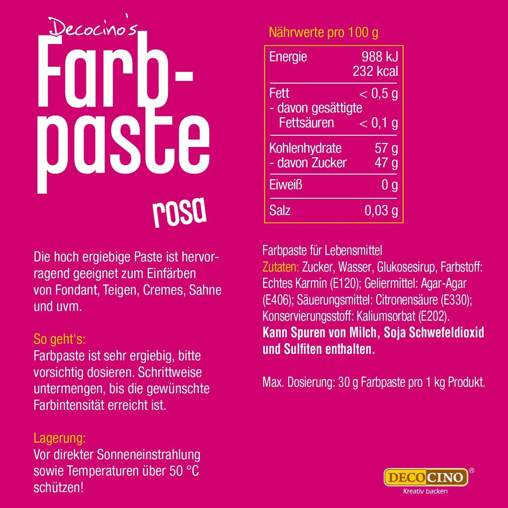 Pastă de colorant roz DECOCINO – 20 g – Colorant alimentar, ideal pentru colorarea prăjiturilor, fondantului și cremelor – Fără acizi grași azoici și gluten