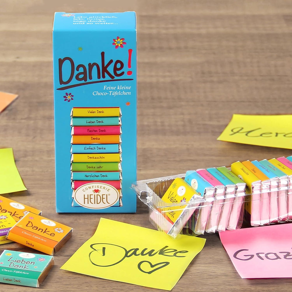 Heidel Thanks, batoniki mlecznej czekolady 3x80g, 16 mini-batonów po 5g w opakowaniu, różne wyrazy wdzięczności, wykwintny pomysł na prezent