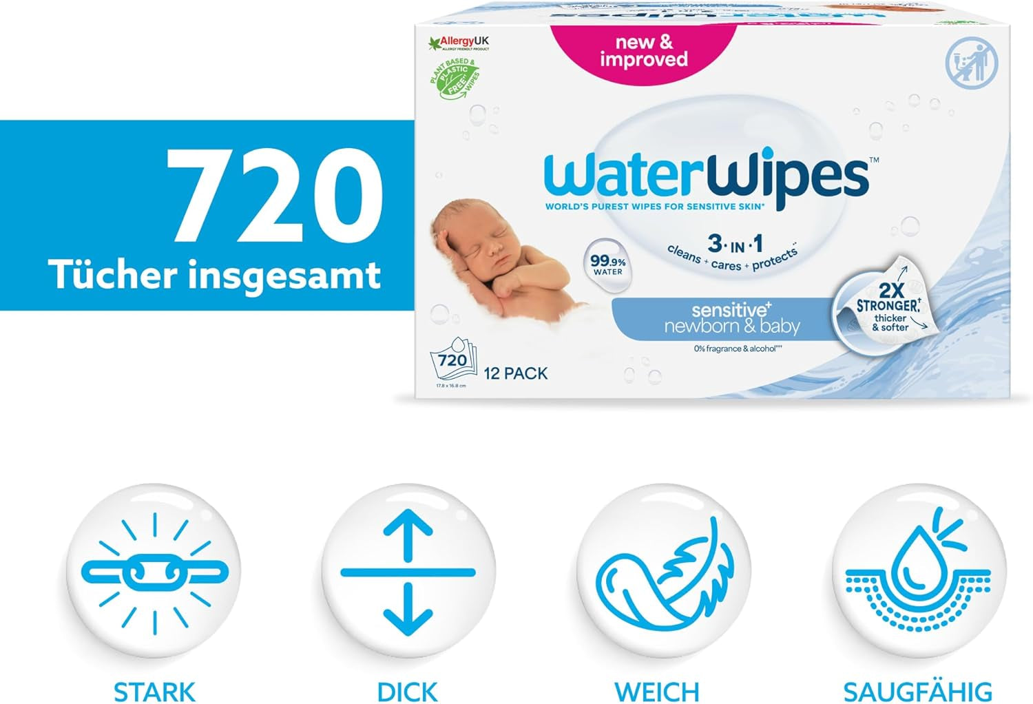 WaterWipes Sensitive+ Chusteczki nawilżane dla noworodków i dzieci, 720 sztuk (12 szt.), 3 w 1 czyszczenie, pielęgnacja, ochrona, 99,9% wody, bezzapachowy