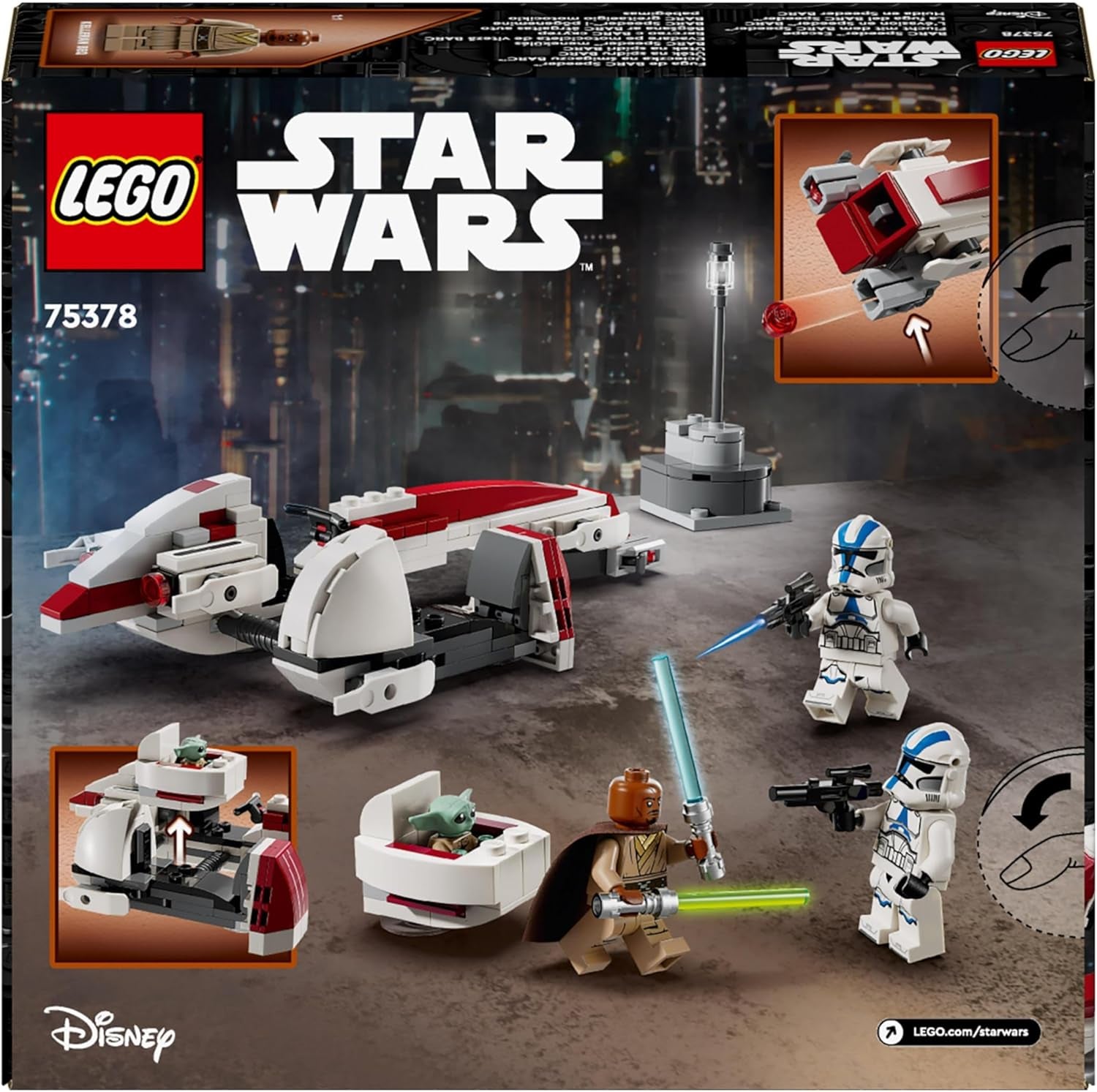 LEGO Star Wars Ucieczka ze ścigaczem BARC, zestaw Mandalorian, zabawkowy rower z wózkiem bocznym, figurki Kellerana Beqa i Grogu, prezent dla chłopców i dziewcząt od 8 lat 75378 Zestawy konstrukcyjne Beuche den LEGO-Store