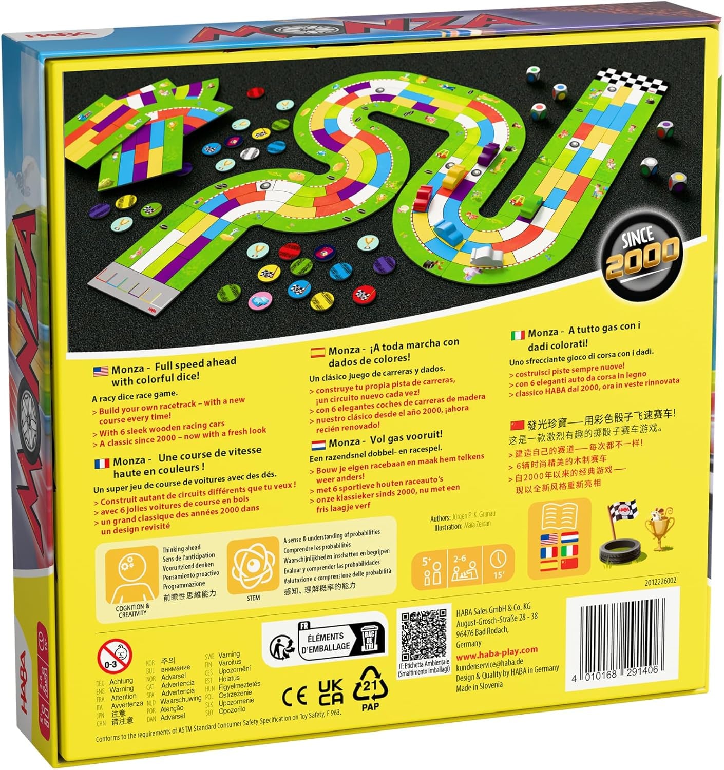 HABA Monza - szybka gra planszowa i wyścigi samochodowe dla dzieci w wieku 5+ - z 6 kolorowymi drewnianymi samochodzikami i kolorowymi kostkami - 2012226001