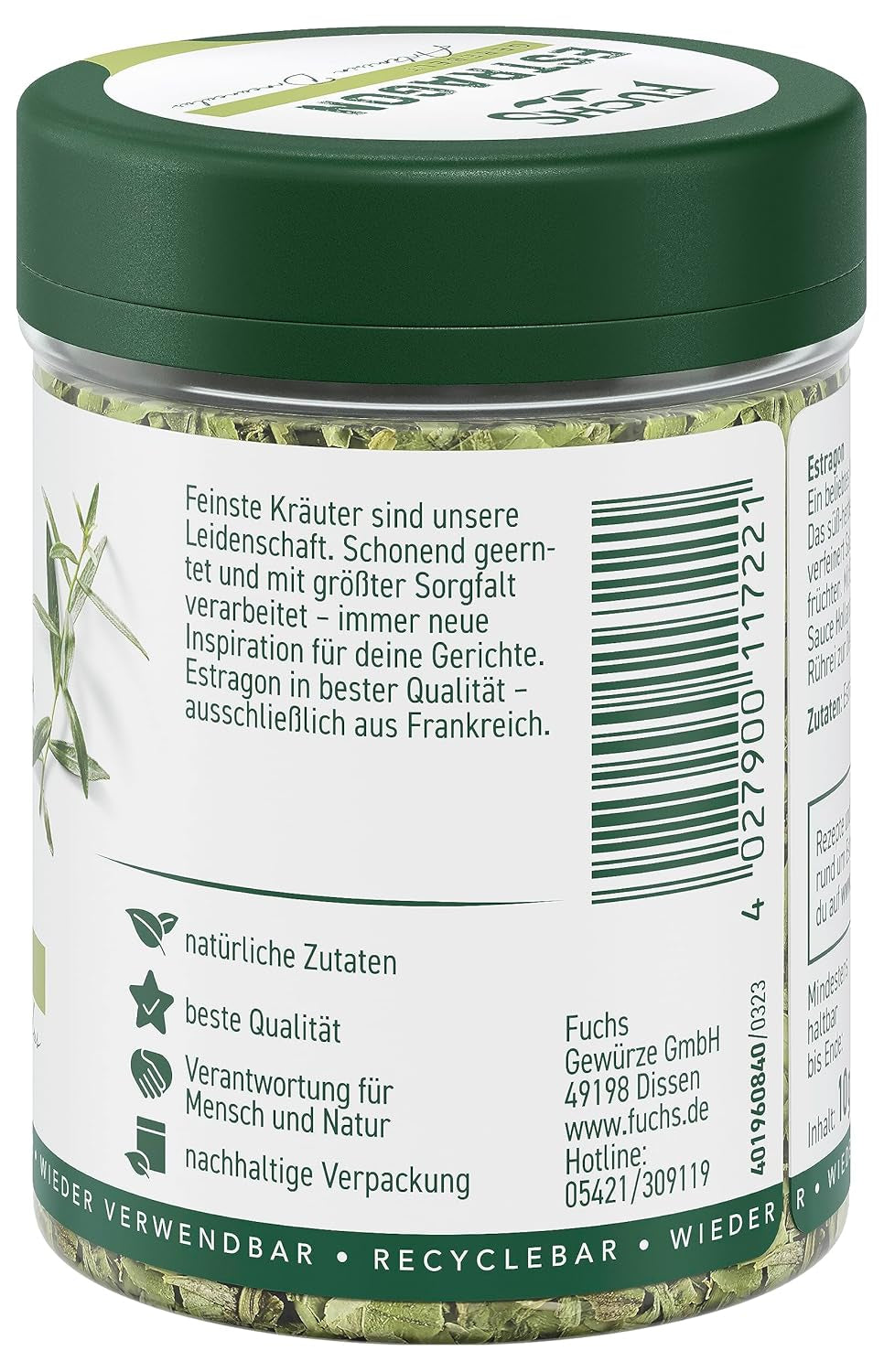 Fuchs Gewürze - Estragon gerebelt - französisches Kraut zur Verfeinerung von Saladen, Sauce Hollandaise oder Rührei - naturalne składniki - 10 g w wiederverwendbarer, recyclebarer Dawka