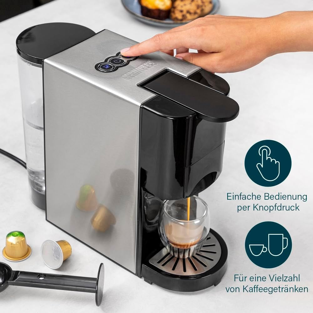 Espressor multicapsule Princess 4 în 1 – 1450 wați, capsule, păstăi, cafea măcinată, fără BPA, 249450, 01.249450.01.001, negru, argintiu