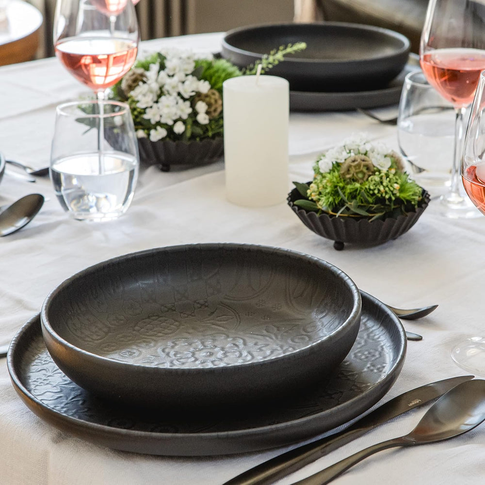 MÄSER 934064 Set de veselă vintage modern pentru 2 persoane, design maur cu glazură mată, serviciu de cină cu 8 piese, farfurii și boluri din ceramică de înaltă calitate, gresie, negru