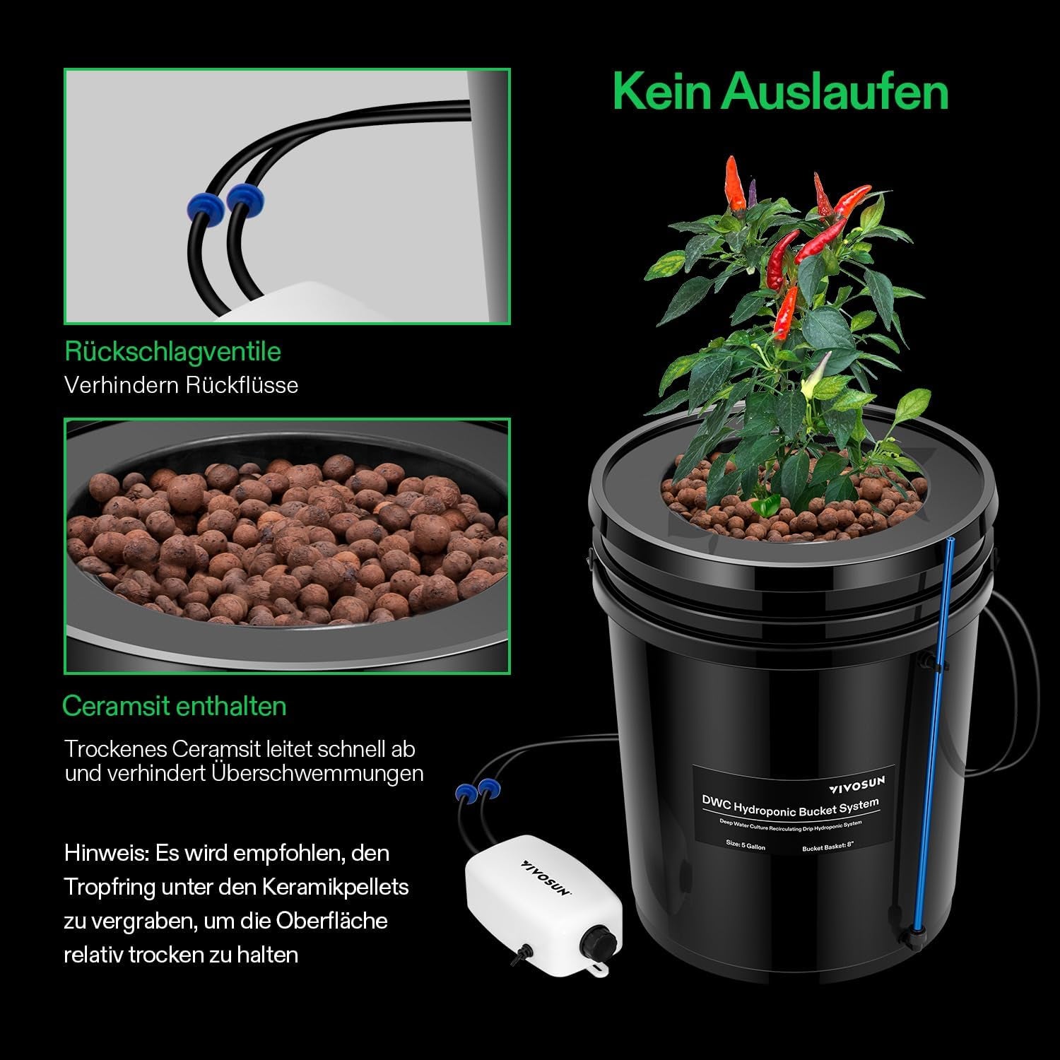 VIVOSUN DWC Hydrokultur Anbausystem z Topf-Dripkit, 5-Gallonen Tiefwasserkultur, Umwälz-Tropfgartensystem z Mehrzweck-Luftschlauch, 8W Luftpumpe und Luftstein (1 wiadro + Top-Drip-Kit)