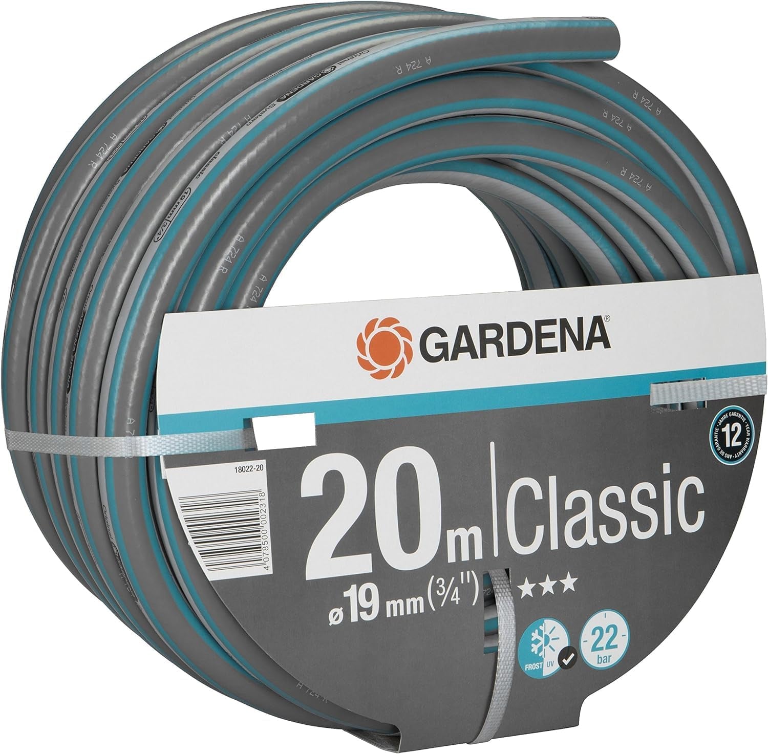 Furtun Gardena Classic 19 mm (3/4 inch), 20 m: Furtun de grădină universal fabricat din material textil robust, țesut încrucișat, presiune de spargere de 22 bar, rezistent la UV, fără componente de sistem, garanție de 12 ani (18022-20)