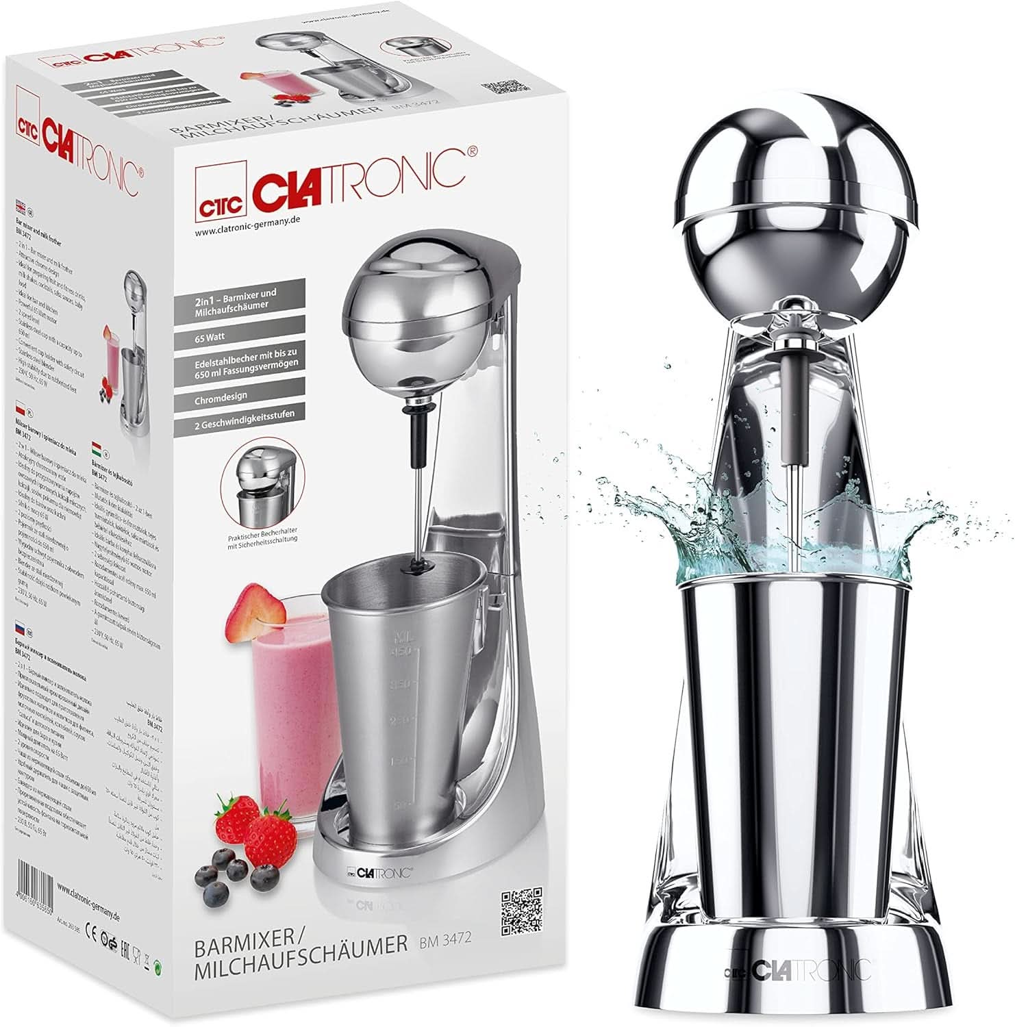 Clatronic® Barmixer U. Milchaufschäumer | Maszyna do smoothie | 650 ml Edelstahlbehälter | Praktischer Becherhalter | Mikser | 2 Geschwindigkeitsstufen | Silnik Kraftvoller 65 W | Chromdesgin | BM 3472 Kuchnia Naty Shop